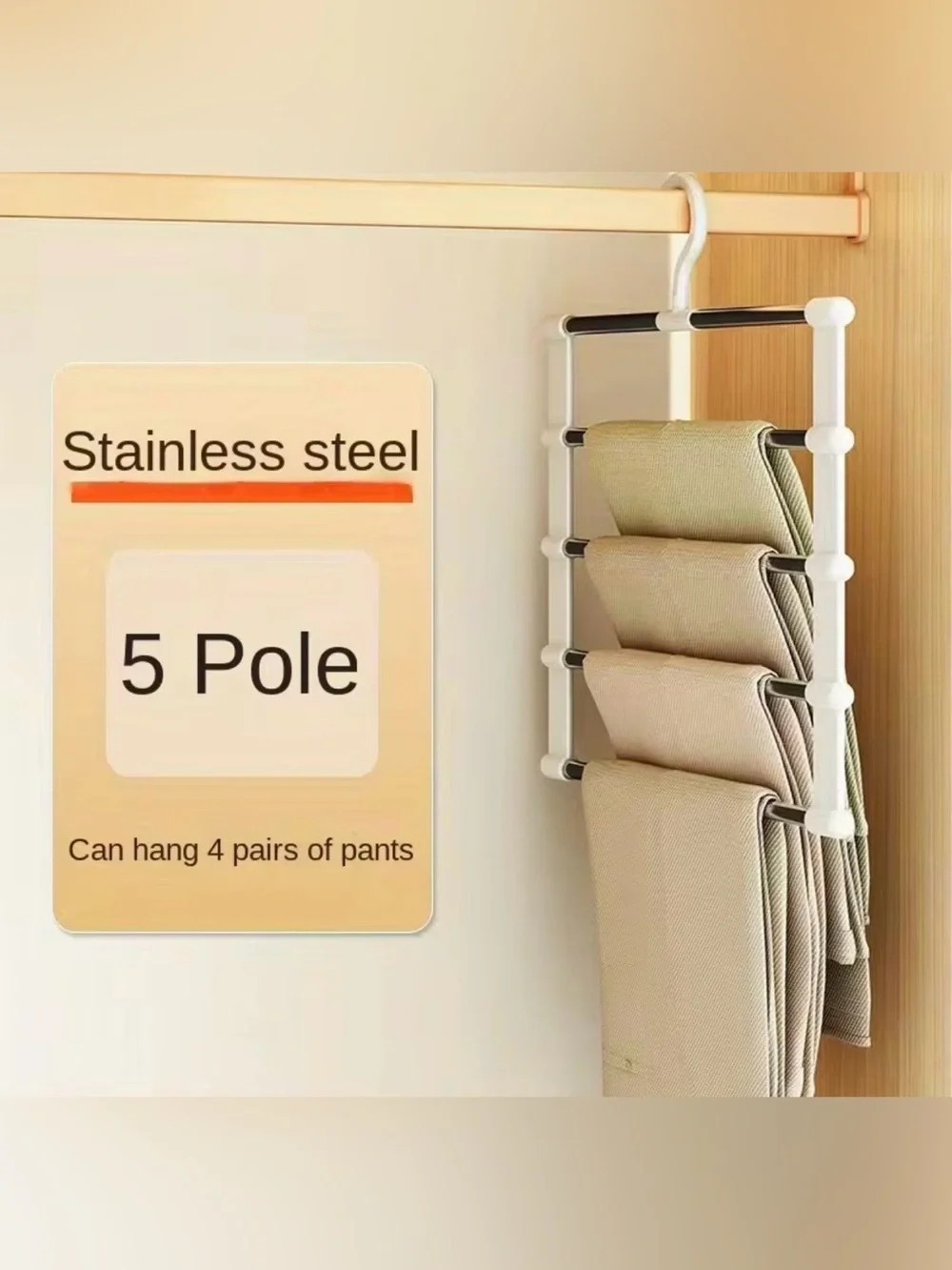 5-Tier White & Silver Hanging Pants Organizer - Space-Saving Closet Hanger